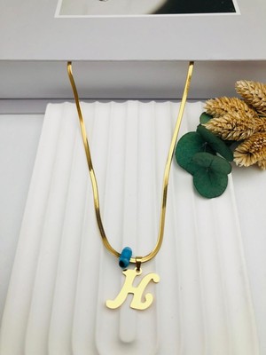 Nazar Boncuklu Italyan (H) Harf Çelik Kolye 45 cm (Gold) 0106242
