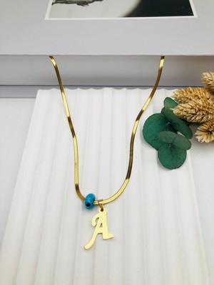Nazar Boncuklu Italyan (A) Harf Çelik Kolye 45 cm (Gold) 0106236