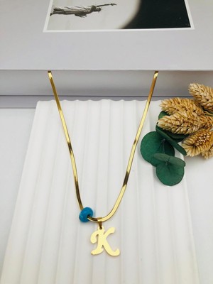 Nazar Boncuklu Italyan (K) Harf Çelik Kolye 45 cm (Gold) 0106243