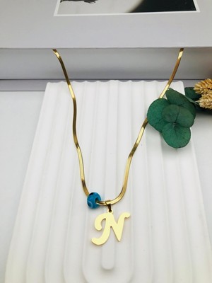 Nazar Boncuklu Italyan (N) Harf Çelik Kolye 45 cm (Gold) 0106245
