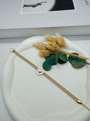 Kalp Detaylı Çelik Bileklik (Gold) Blk 265
