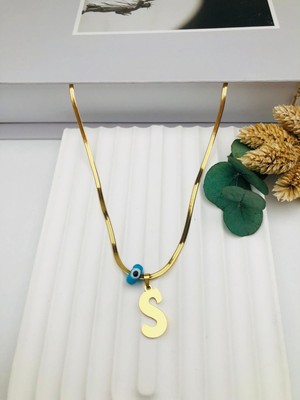 Nazar Boncuklu Italyan (S) Harf Çelik Kolye 45 cm (Gold) 0106246