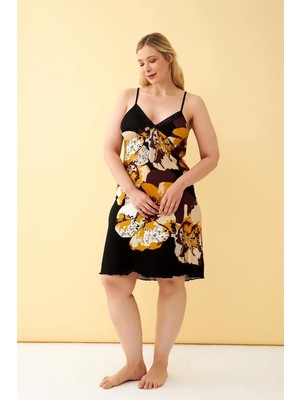 Modaserdem  Kadın Büyük Beden Siyah Çiçek Desenli Askılı Gecelik