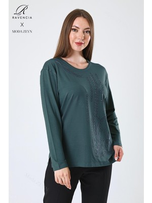 Kadın Orta Yaş ve Üzeri Viskon Halka Şerit Desen Taşlı Işlemeli Likralı Zümrüt Anne Penye Bluz