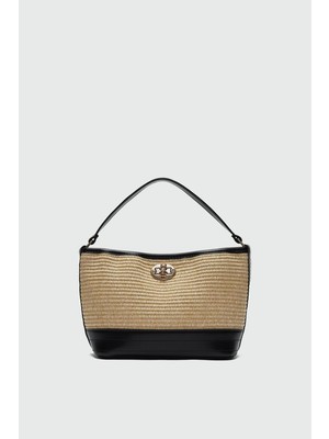 Urban Hasır Görünümlü Kilitli Omuz Çanta Siyah