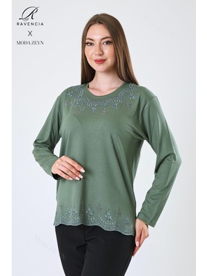 Kadın Orta Yaş ve Üzeri Viskon Yaprak Desenli Eteği Yakası Taşlı Işlemeli Likralı Yeşil Anne Penye Bluz