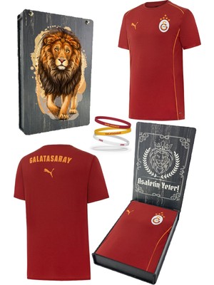 Galatasaray Orijinal Lisanslı Sıfır Yaka Kırmızı Antrenman 5 Yıldızlı T-Shirt + Bileklik Set Hediyelik Ahşap Kutulu