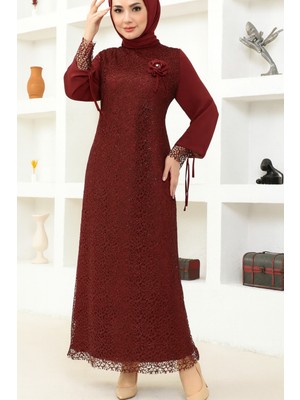 Kadın Giyim Abiye Moda File Pullu Güllü Tesettür Abiye Elbise 2517