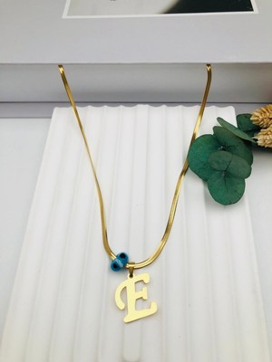Nazar Boncuklu Italyan (E) Harf Çelik Kolye 45 cm (Gold) 0106239