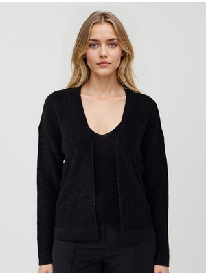 Jimmy Key Siyah Düz Kesim Açık Yaka Simli Triko Hırka