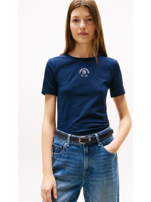 Kadın Grafik Baskılı Bisiklet Yaka T-Shirt - Lacivert