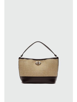 Urban Hasır Görünümlü Kilitli Omuz Çanta Kahverengi