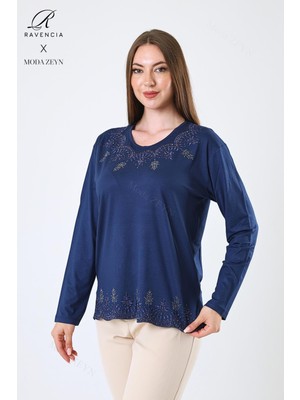 Kadın Orta Yaş ve Üzeri Viskon Yaprak Desenli Eteği Yakası Taşlı Işlemeli Likralı Indigo Anne Penye Bluz