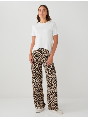 Jimmy Key Siyah Normal Bel Bol Paça Leopar Desenli Örme Pantolon