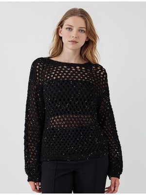 Jimmy Key Siyah Kayık Yaka Uzun Kollu Ajurlu Triko Kazak