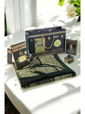 Isme Özel Kabe Desenli Çantalı Isimli Yasin Kitabı, Tesbih, Esans ve Seccade Seti Siyah