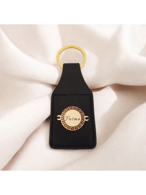14 Ayar Plakalı Altın Fatma Ismine Özel Siyah Derili Yuvarlak Figürlü Hediye ANAHTARLIK-486ISIM