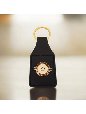 14 Ayar Plakalı Altın O Harfine Özel Siyah Derili Yuvarlak Figürlü Hediye ANAHTARLIK-486HARF