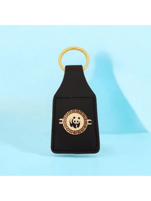 14 Ayar Altın Plakalı Panda Temalı Siyah Derili Yuvarlak Figürlü Hediye ANAHTARLIK-486SEMBOL