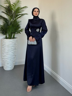 Yandan Taşlı Saten Abiye