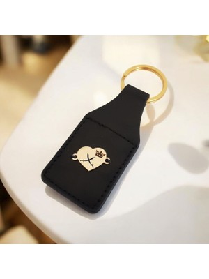 Altın Plakalı 14 Ayar Zülfikar Temalı Kalp Motifli Siyah Derili Hediye ANAHTARLIK-488SEMBOL