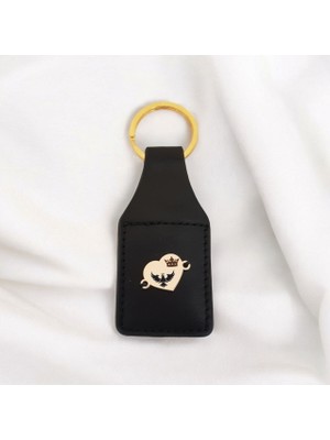 14 Ayar Plakalı Altın Kartal Temalı Siyah Derili Kalp Motifli Hediye ANAHTARLIK-488SEMBOL