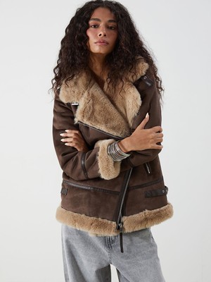 Biker Yaka Kadın Süet Görünümlü Mont  (W5)