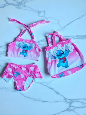 Kız Çocuk Karakter Baskılı Eteği Fırfırlı- Ip Bağlamalı Çanta Mayo Bikini 3 Lü Takım