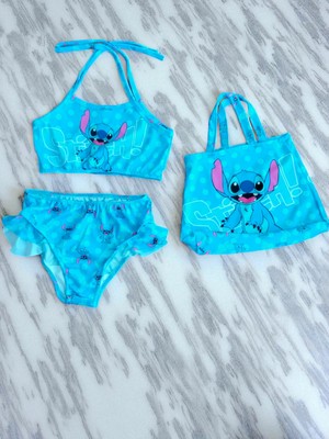 Kız Çocuk Karakter Baskılı Eteği Fırfırlı- Ip Bağlamalı Çanta Mayo Bikini 3 Lü Takım