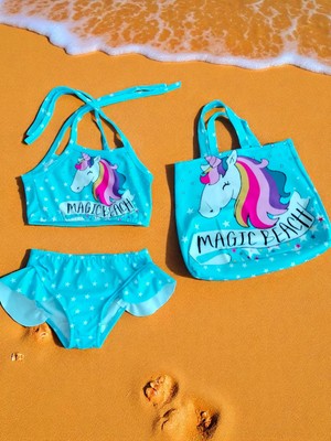 Kız Çocuk Karakter Baskılı Eteği Fırfırlı- Ip Bağlamalı Çanta Mayo Bikini 3 Lü Takım