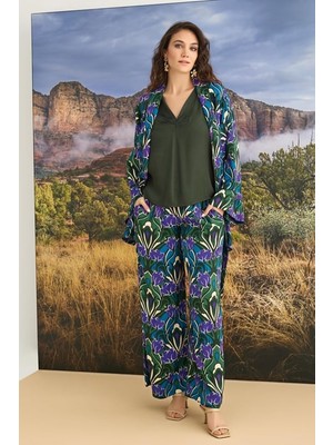 Monamise Çiçek Desenli 3'lü Saten Pijama Takımı