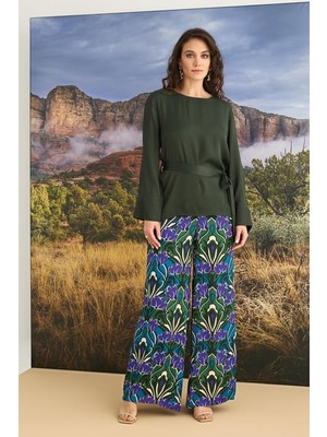 Monamise Çiçek Desenli Uzun Kollu Saten Alt Üst Takım