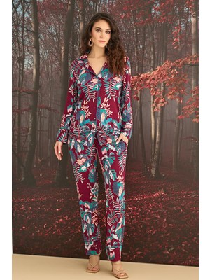 Monamise Çiçek ve Yaprak Desenli Önü Düğmeli Pijama Takımı