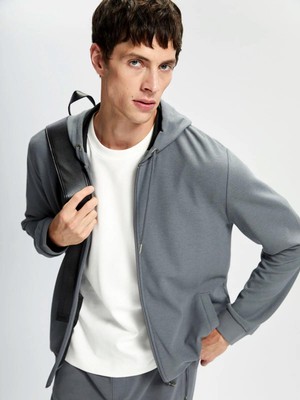 Lcwaıkıkı Classic  Kapüşonlu Uzun Kollu Erkek Fermuarlı Sweatshirt  (W5)