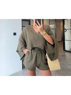 Haki Müslin Kumaş Yarasa Kol Şortlu Takım