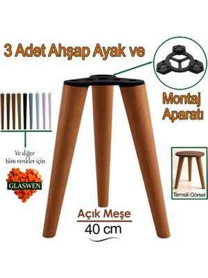 3 Adet Ahşap Ayak 40 cm Açık Meşe M8 Civatalı Bağlantı Aparatlı Mobilya Tabure Sehpa Masa Destek Ayağı