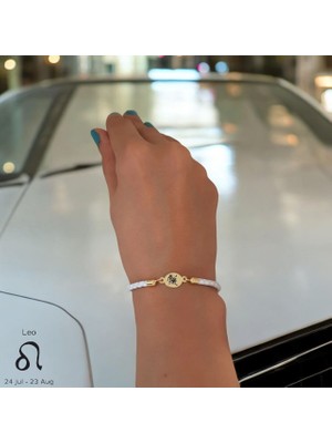 Archin Aslan Burçlarına Özel Oval Motifli 14 Ayar Altın Plakalı Doğal Beyaz Derili Hediye