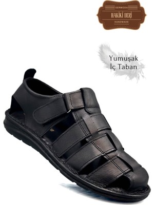 Sermoda Hakiki Deri Burnu Kapalı Erkek Sandalet Siyah