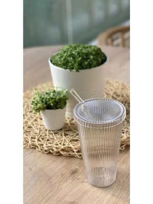 2 Adet 600 ml Mika Kapaklı Pipetli Origami Stil Mika Bardak | Sunum Bardağı Meşrubat Bardağı