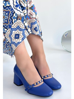 Küt Burun Kemerli Topuklu Ayakkabı Cilt Mavi Topuk Boyu 7 cm