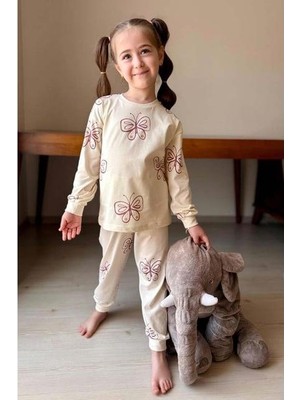 Kız Çocuk Uzun Kollu  Bilekleri Manşetli Kelebek Desenli Krem Pijama Takımı 3213