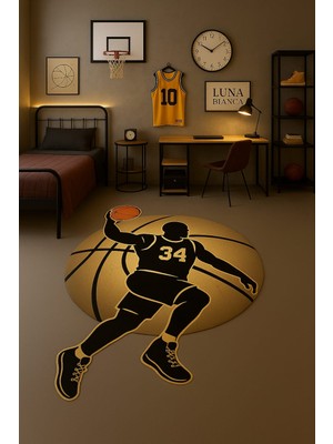 Basketbol Desenli Halı | Kaymaz Taban Süngerli Dikişli Yıkanabilir Çocuk Genç Odası Halısı Paspası