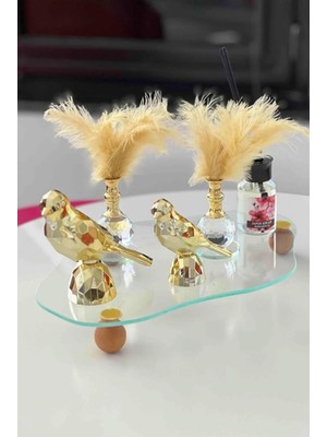 Eğri Cam Tepsi, Ahşap Top Ayaklı Dekoratif Sunum ve Düzenleyici Stand