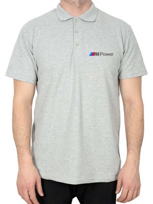 Bmw M Power Text Polo Yaka Gri Tişört