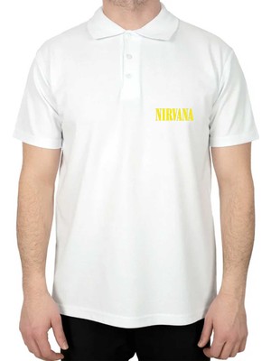 Nirvana Yazı Sarı Polo Yaka Beyaz Tişört