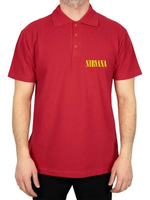 Nirvana Yazı Sarı Polo Yaka Kırmızı Tişört