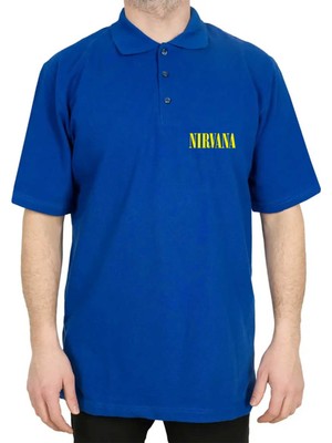 Nirvana Yazı Sarı Polo Yaka Mavi Tişört