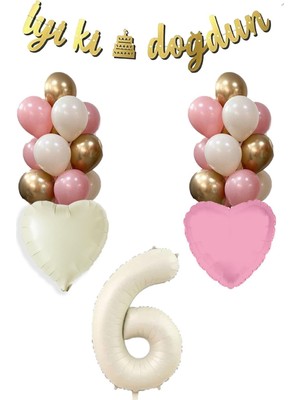 6 Yaş Kız Doğum Günü Konsepti Retro Krem Rakam Iyi Ki Doğdun Bannerlı Balon Zinciri Seti