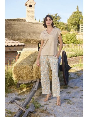 Monamise Çiçek Deseni V Yaka Pijama Takımı