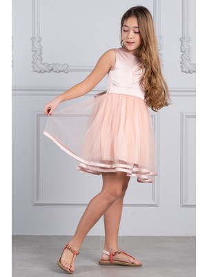 Kız Çocuk Drapeli Saten ve Tüllü Abiye Elbise